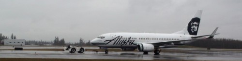 An Alaska Airlines Boeing 737 at Paine Field (for maintenance).