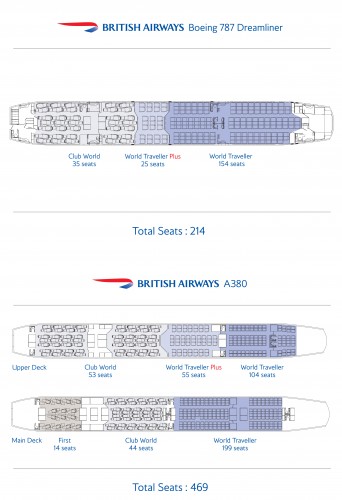CLICK FOR LARGER. British Airways released seat maps for their Boeing 787 Dreamliner and Airbus A380 interiors. Photos from British Airways.