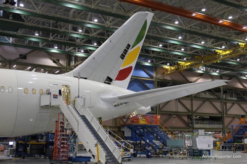 Ethiopian Airlines Boeing 787 Dreamliner on the Boeing Factory Floor in Sept 2011. Photo by AirlineReporter.com.