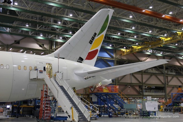 Ethiopian Airlines Boeing 787 Dreamliner on the Boeing Factory Floor in Sept 2011. Photo by AirlineReporter.com. 