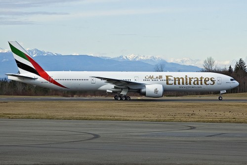 A brand new Emirates Boeing 777-300ER at Paine Field.