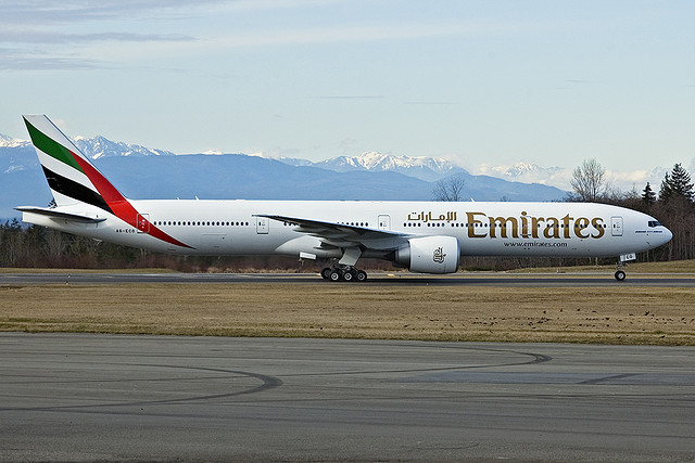 A brand new Emirates Boeing 777-300ER at Paine Field. 