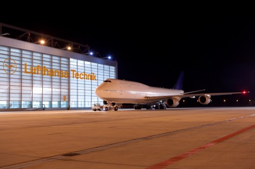 HI-RES IMAGE (click for larger). Lufthansa's 5th Boeing 747-8 Intercontinental, RC021, in front of their Technik Repair facility in Frankfurt. Photo by Lufthansa.