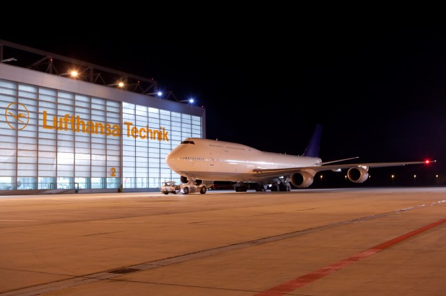 HI-RES IMAGE (click for larger). Lufthansa's 5th Boeing 747-8 Intercontinental, RC021, in front of their Technik Repair facility in Frankfurt. Photo by Lufthansa. 