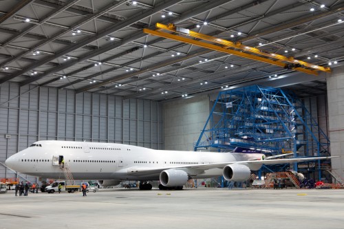 HI-RES IMAGE (click for larger). Lufthansa's 5th Boeing 747-8 Intercontinental, RC021, inside the Technik Maintenance facility in Frankfurt. Photo by Lufthansa.