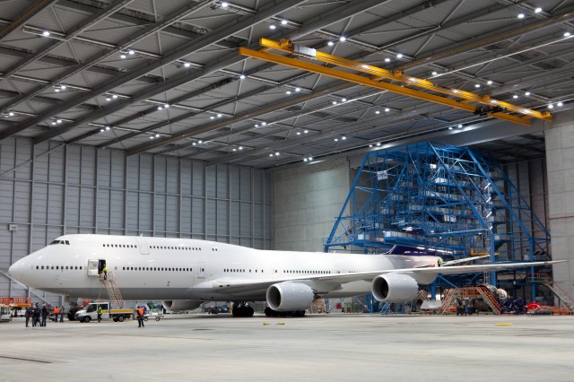 HI-RES IMAGE (click for larger). Lufthansa's 5th Boeing 747-8 Intercontinental, RC021, inside the Technik Maintenance facility in Frankfurt. Photo by Lufthansa. 