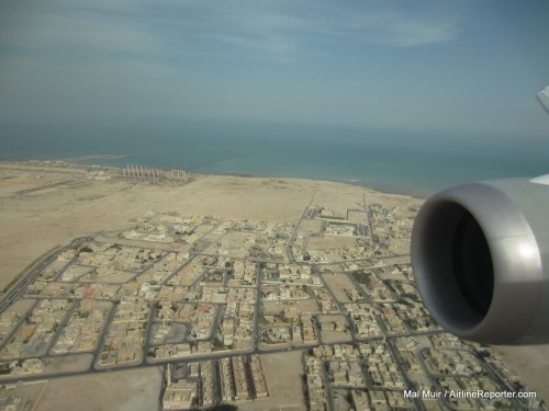 Flying over Doha -- about to land. Photo: Mal Muir / AirlineReporter.com.