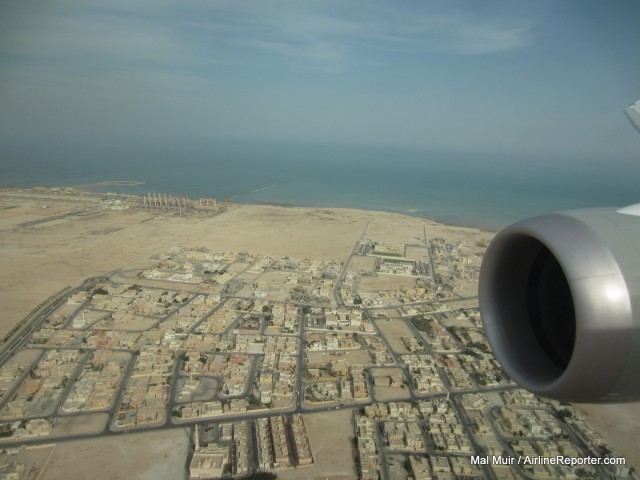 Flying over Doha -- about to land. Photo: Mal Muir / AirlineReporter.com. 