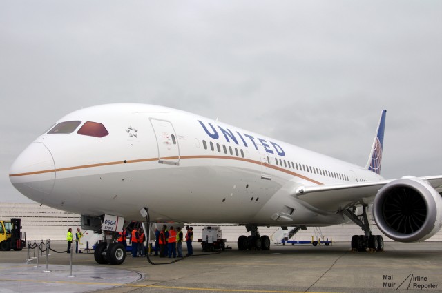 United Airlines First Boeing 787 on Launch Day at the Boeing Factory in Everett.  Phone: Mal Muir airlinereporter.com
