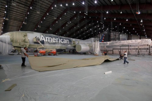 American's Boeing 77W inside the paint hangar. Image from America.