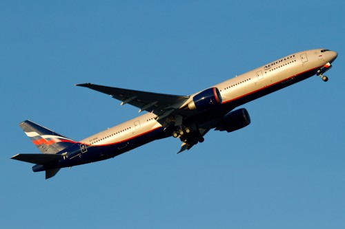 Aeroflot's first 77W leaving Portland (PDX) after being painted. Photo by Russell Hill.