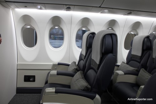 The windows are quite larger on the new Cseries, providing more natural light and shoulder room.