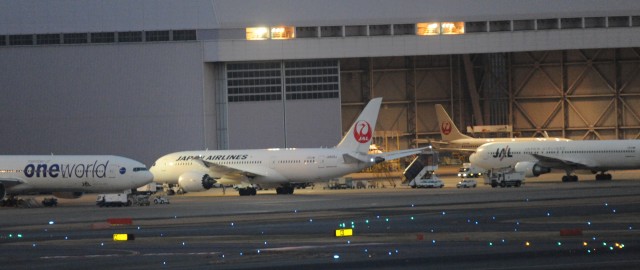 One of JAL's Boeing 787 Dreamliners grounded at Haneda Airport in Tokyo. Image by Hiroshi Igami. 