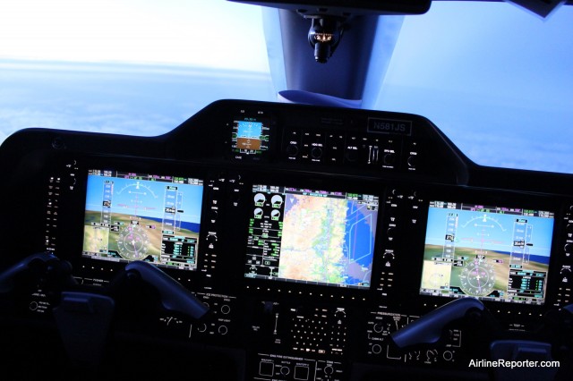 JetSuite opted to install Synthetic Vision on their Phenom 100's which give a realistic view of the terrain on the large screens.