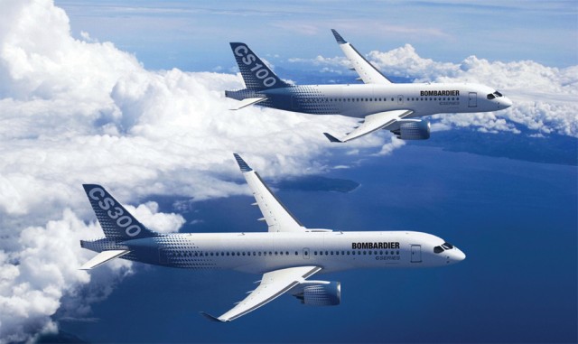 The Cseries 100 and Cseries 300 in this computer mock up from Bombardier.