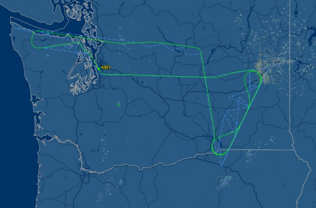 Map from FlightAware.com showing ZA005's flight path over Washington State. 