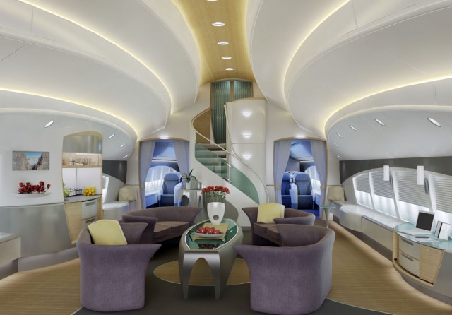 This is a mock up of a possible interior of a Boeing Business Jet 747-8I. The one delivered yesterday was empty. Photo by Boeing. 