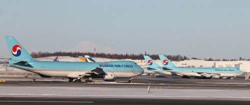 Two Korean Air Cargo Boeing 747-400F's welcome the new 747-8F.