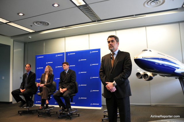 Boeing Executives answer questions about the Boeing 747-8I program before take off. 