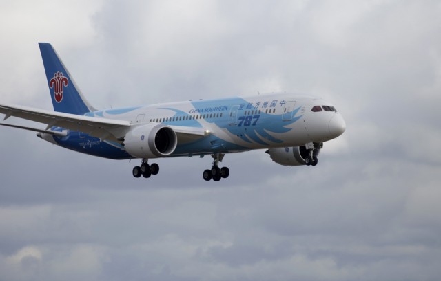 A China Southern Boeing 787 Dreamliner lands at Paine Field earlier today. Photograph by Michael O'Leary