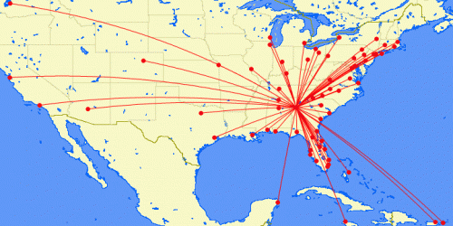 Eastern Air Lines Atlanta hub map. Graphic from Great Circle Mapper.