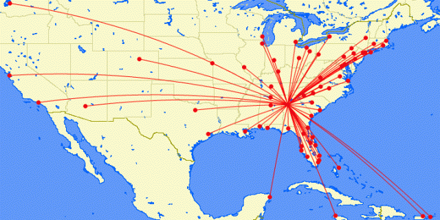 Eastern Air Lines Atlanta hub map. Graphic from Great Circle Mapper. 
