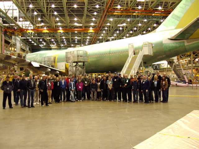 AvGeeks in front of a Boeing 747-8I on the factory floor in Everett. Photo by Boeing. 