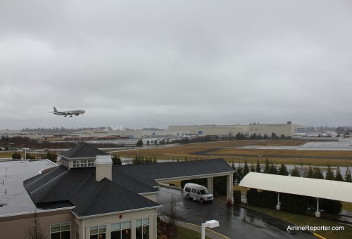 There is the rain and clouds I have grown to love. A Qatar Airways Boeing 777-300ER about to land at Paine Field - taken from my hotel room.