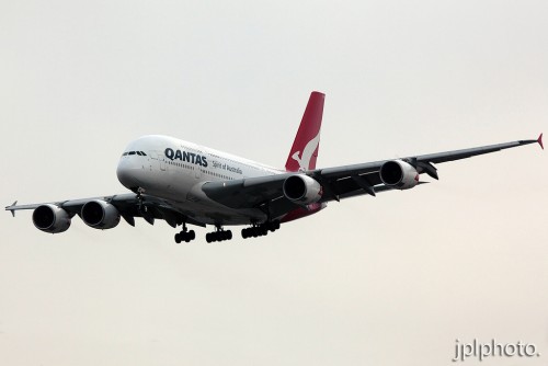 Qantas Airbus A380 landing at LAX.