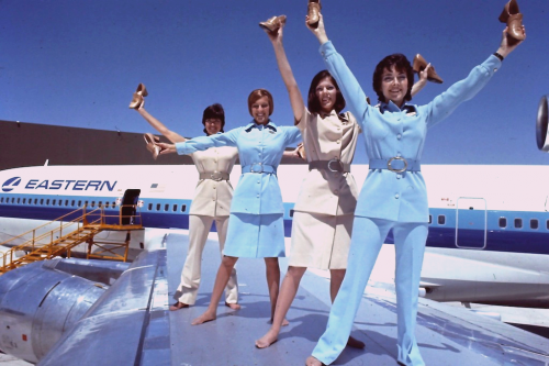Classic (undated) photo of four Eastern Air Lines flight attendants on the wing of a Lockheed L1011. Shout out to David Capodilupo for this one. CLICK FOR LARGER VERSION.