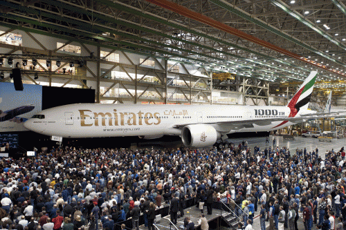 EVERETT, Wash., March 2, 2012 — Boeing [NYSE: BA] and more than 5,000 employees, suppliers, customers and government officials celebrated the 1,000th 777 at a special event today. The 1,000th 777 jetliner will be delivered to Dubai-based Emirates later this month.