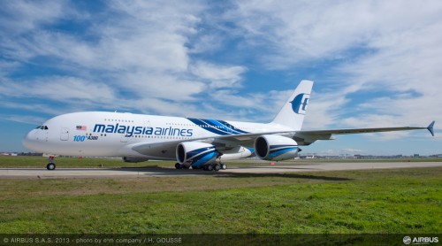 Press Release: Malaysia Airlines (MAS) and Airbus together marked a major achievement, with the hand-over of the 100th A380 to MAS at Airbus" Henri Ziegler Delivery Centre in Toulouse, France. The aircraft is the sixth A380 for MAS. ”We are delighted that our 100th A380 delivery is to Malaysia Airlines as this gives us an early glimpse into the future shape of aviation," said Fabrice Brgier, Airbus President and CEO. ”We see a growing demand from dynamic, competitive airlines such as MAS for larger aircraft, with many markets and routes, and in particular in the fast developing Asia-Pacific region, being ideally suited to A380s." Now in its sixth year of commercial service, the A380 is flying with nine world class airlines. To date, the worldwide fleet has carried some 36 million passengers in 100,000 flights. Previous generation Very Large Aircraft (VLA 400 seats and above) would have required 140,000 flights. This reduction in flights brings essential relief to airport-congestion and the environment. The corresponding saving of 5.7 million tonnes of CO2, demonstrates the A380 generates more revenue whilst minimising emissions and noise. The A380 fleet performs over 140 flights per day and carries over one and a half million people each month. Passengers can hop on board one of the A380s which are either taking off or landing every six minutes at one of the 32 international airports where it operates to date. On top of these, more than 50 other airports are getting prepared to accommodate the A380 and answer the airlines" need for more A380 destinations. Over the next 20 years, more than 1,700 VLA such as the A380 will have been delivered. Asia Pacific leads demand (45 percent) for these high capacity aircraft, followed by the Middle East (23 percent) and Europe (19 percent). Typically seating 525 passengers in three classes, the aircraft is capable of flying 8,500 nautical miles or 15,700 kilometres non-stop, carrying more people at lower cost and with less impact on the environment. The spacious, quiet cabin and smooth ride have made the A380 a firm favourite with passengers, resulting in higher load factors wherever it flies. Since 2006 the A380 has registered repeat orders by satisfied customers every year, bringing the total order book to date to 262 from 20 customers.