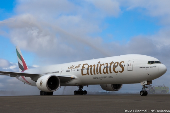 Emirates Boeing 777-300ER lands at Seattle. Photo by David Lilienthal / NYCAviation.