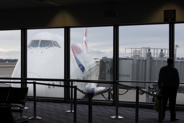 CLICK FOR LARGER: British Airways Boeing 747-400 seen at Seattle-Tacoma International Airport on 3/14/13. AirlineReporter.com writer Ben will be writing a story on his flight to London. Photo by Ben Whalen.