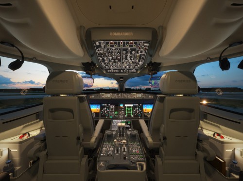 The ultra-modern CSeries flight deck features the Rockwell Collins Pro Line Fusion avionics suite with optional Electronic Flight Bags (EFB"s) and Heads-up displays (HUD"s). There are five 15.1"³ displays with two primary flight displays (PFD) on the outboard and two inboard and a center console multifunction displays (MFD) that allow for information to move across multiple screens. The three-axis full fly-by-wire side-stick flight controls is a first in this category. Image from Bombardier.
