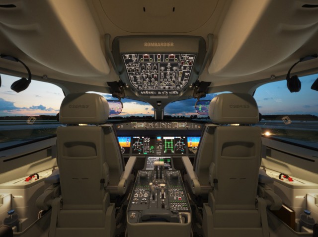 The ultra-modern CSeries flight deck features the Rockwell Collins Pro Line Fusion avionics suite with optional Electronic Flight Bags (EFB’s) and Heads-up displays (HUD’s). There are five 15.1’³ displays with two primary flight displays (PFD) on the outboard and two inboard and a center console multifunction displays (MFD) that allow for information to move across multiple screens. The three-axis full fly-by-wire side-stick flight controls is a first in this category. Image from Bombardier. 