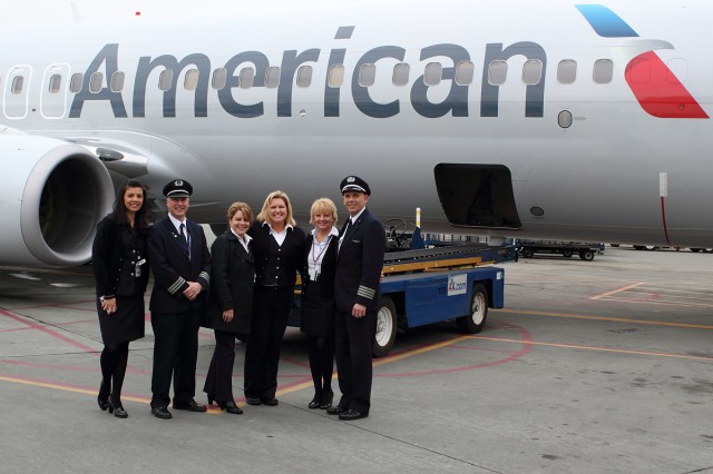 The American flight crew stopped to pose in front of the new American livery. Photo by Brandon Farris. 