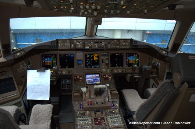 The flight deck of American's Boeing 777-300ER. 