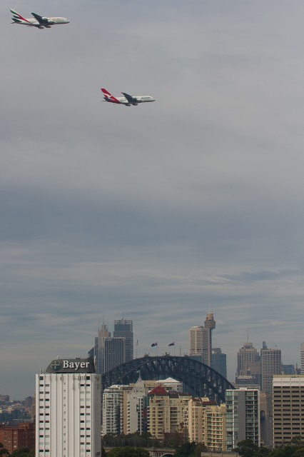 The two A380s fly over the Iconic Sydney Harbor Bridge - Photo: Bernard Proctor