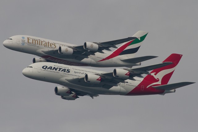 The First time two Different Airlines have flown in Formation - Emirates & Qantas - Photo: Bernard Proctor