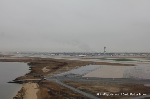 Landing at JFK where the weather was not too pleasant.