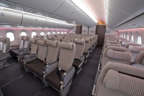 HI RES IMAGE (click for larger). The economy cabin inside JAL's first Boeing 787 Dreamliner. Photo by Boeing.