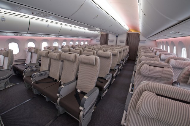 HI RES IMAGE (click for larger). The economy cabin inside JAL's first Boeing 787 Dreamliner. Photo by Boeing. 