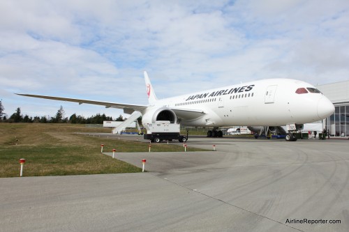 JAL's first Boeing 787 Dreamliner (JA825J) sits next to the Future of Flight.