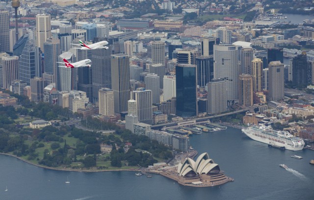 A Qantas and Emirates A380 Fly in Formation over the Sydney Opera House - Photo: Qantas Aiways