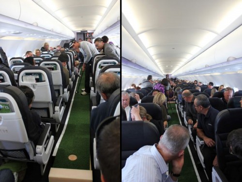Putting on the ground is one thing. Trying it while in an airplane at 30,000 feet is another. Photos from Air New Zealand.