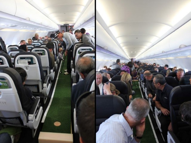 Putting on the ground is one thing. Trying it while in an airplane at 30,000 feet is another. Photos from Air New Zealand. 