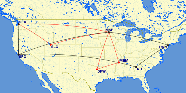 The two different mileage runs I did.  To Dallas (in Red) and to Newark (in black)