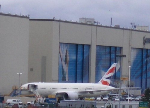 British Airways Boeing 787 Dreamliner seen from the Strato Deck at the Future of Flight. Photo by Sandy Ward.