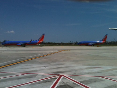 Southwest's new Boeing 737-800 sits next to a 737-700 at FLL. Photo by Butch Brown.